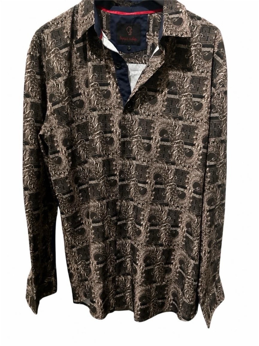 Men's Black and Tan Printed Long-Sleeve Button-Down Shirt